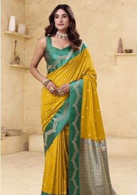 Yellow Woven Silk Saree Set