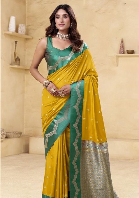 Yellow Woven Silk Saree Set