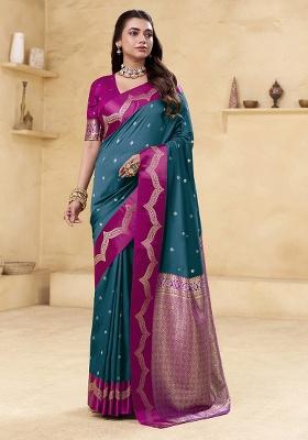 Teal Woven Silk Saree Set