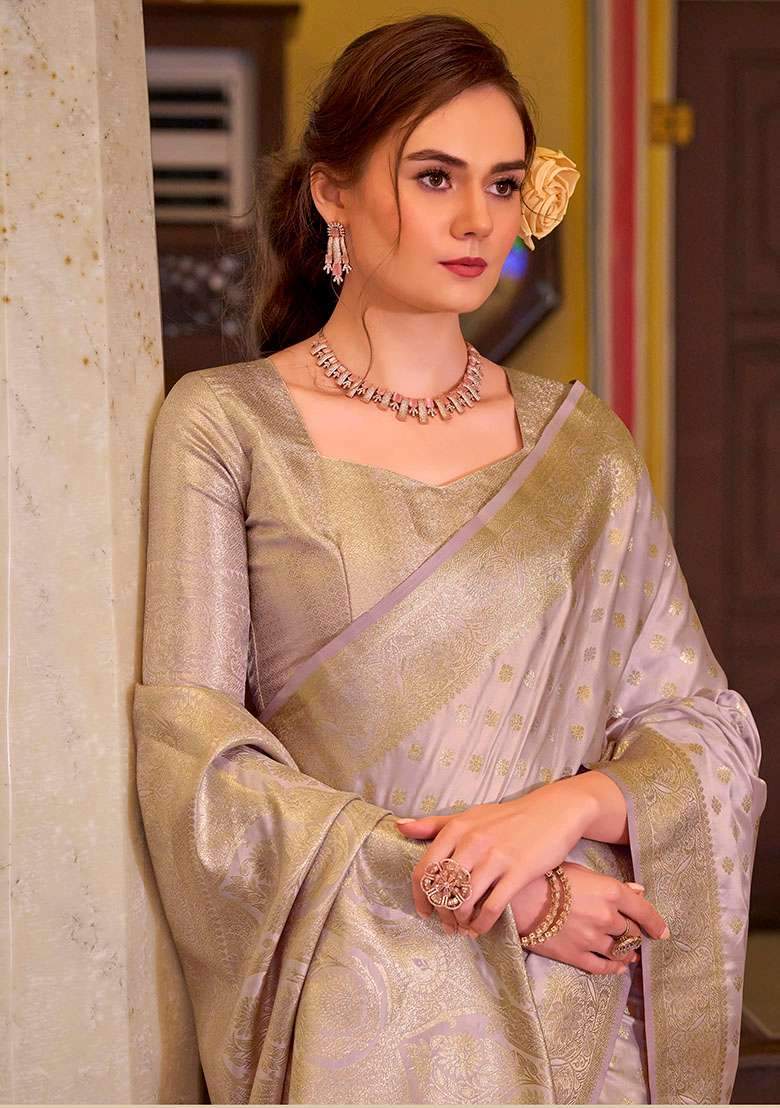 Lavender Woven Silk Blend Saree Set - Indya