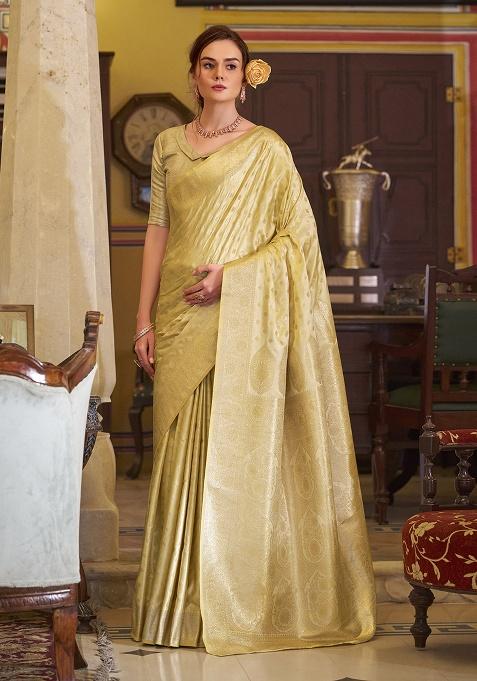 Yellow Woven Silk Saree Set