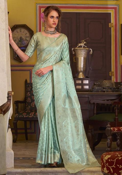 Turquoise Woven Silk Saree Set
