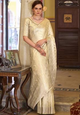 Beige Woven Silk Saree Set