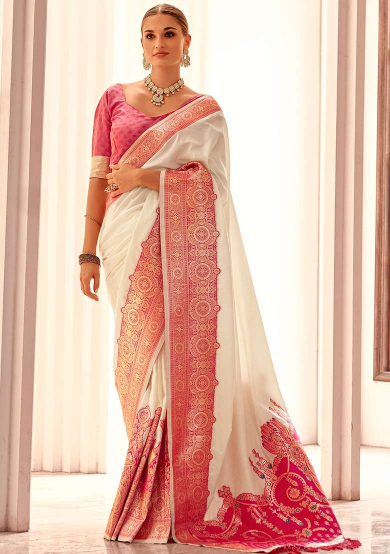 Off White Woven Silk Saree Set - Indya
