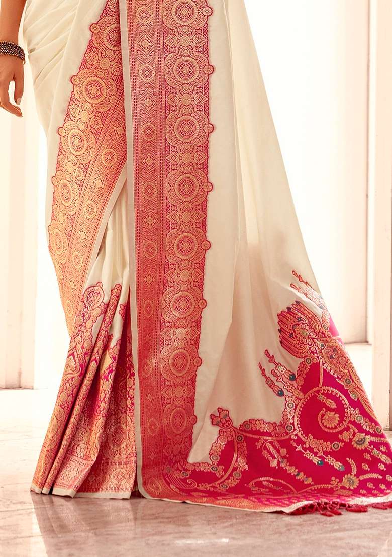 Off White Woven Silk Saree Set - Indya