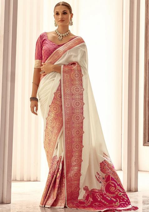 Off White Woven Silk Saree Set