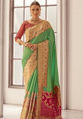 Green Woven Silk Saree Set
