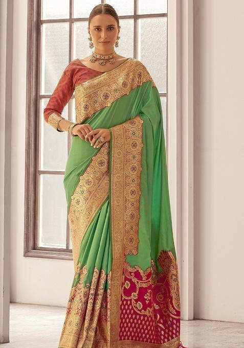 Green Woven Silk Saree Set