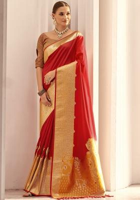 Red Woven Silk Saree Set