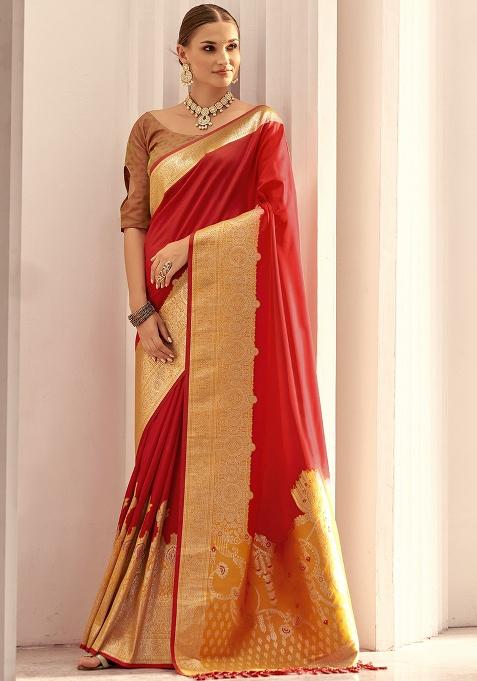 Red Woven Silk Saree Set