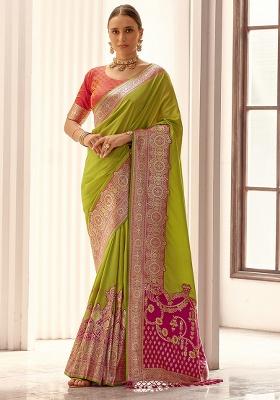 Parrot Green Woven Silk Saree Set