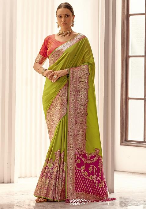 Parrot Green Woven Silk Saree Set