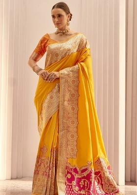 Yellow Woven Silk Saree Set