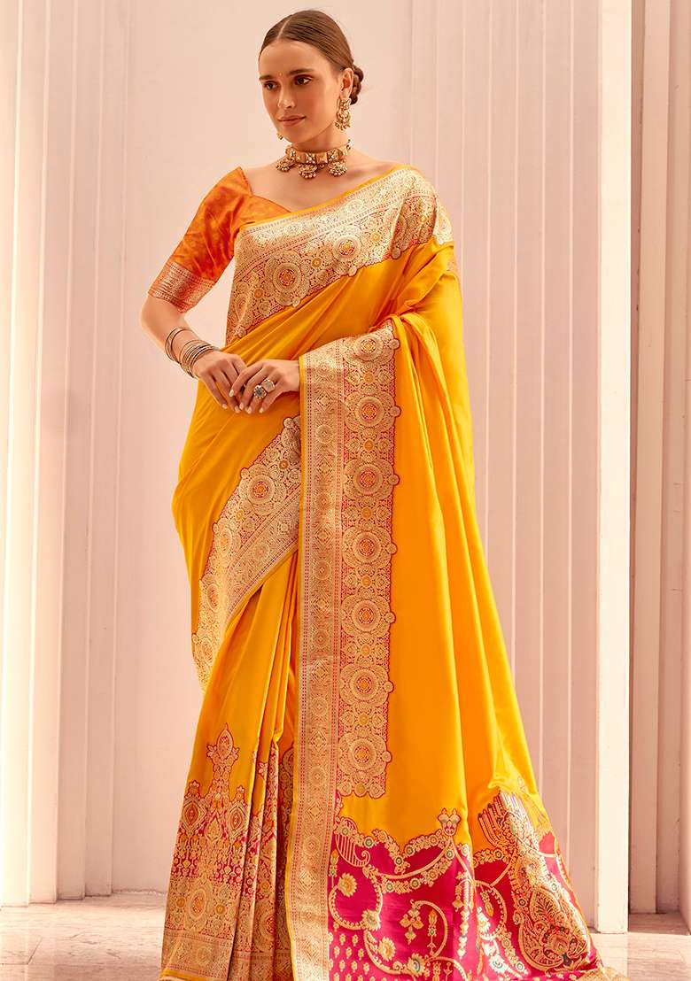 Yellow Woven Silk Saree Set - Indya