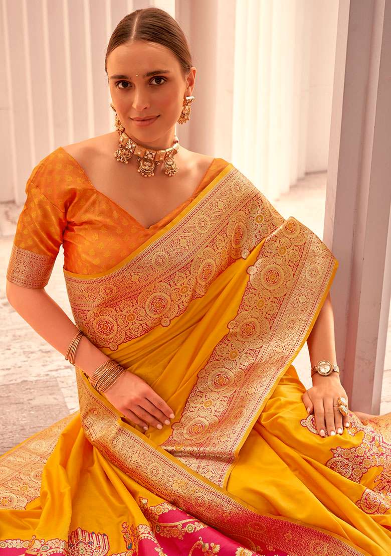 Yellow Woven Silk Saree Set - Indya