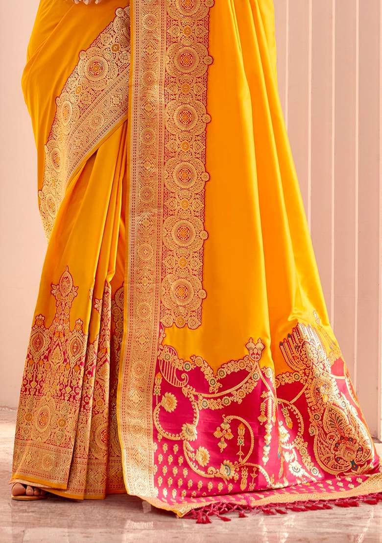Yellow Woven Silk Saree Set - Indya