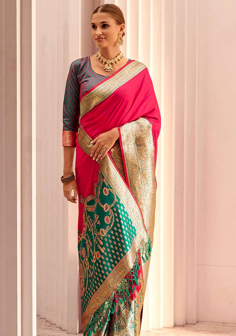 Magenta Woven Silk Saree Set - Indya