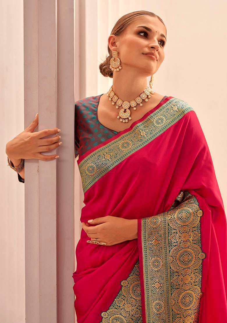 Magenta Woven Silk Saree Set - Indya