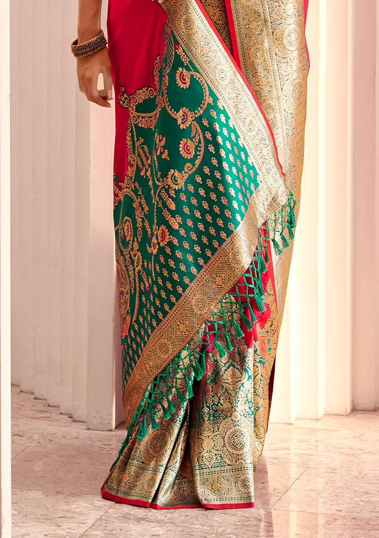Magenta Woven Silk Saree Set - Indya