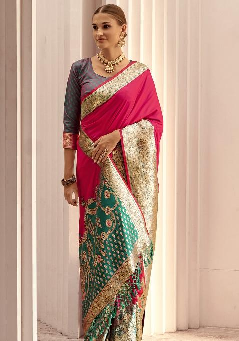 Magenta Woven Silk Saree Set