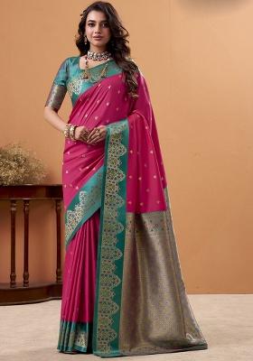 Magenta Woven Silk Saree Set