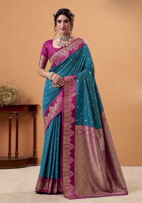 Teal Woven Silk Saree Set