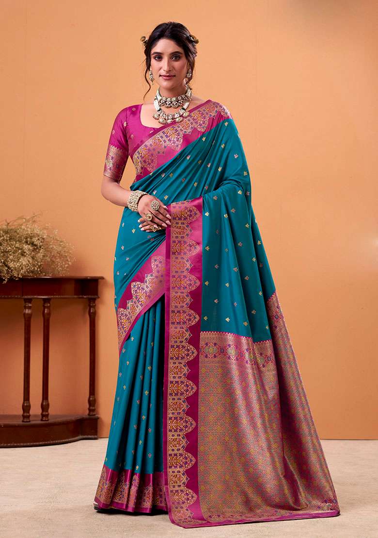 Teal Woven Silk Blend Saree Set - Indya