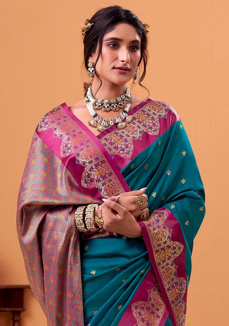 Teal Woven Silk Blend Saree Set - Indya