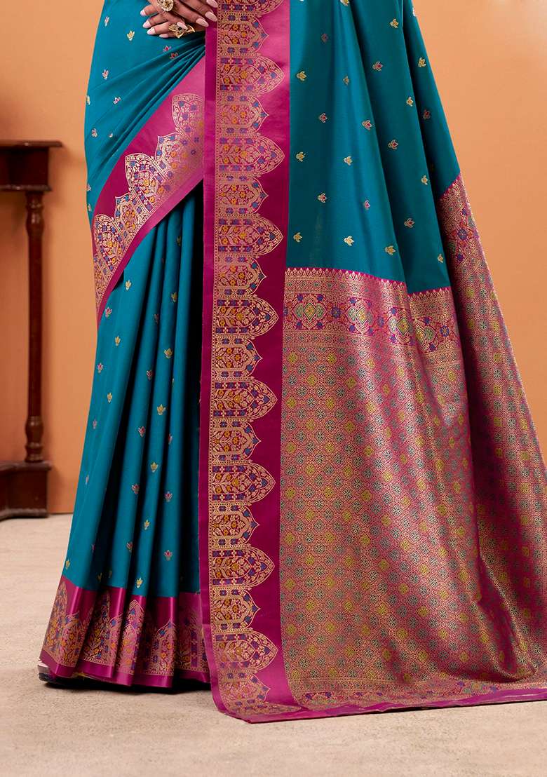 Teal Woven Silk Blend Saree Set - Indya