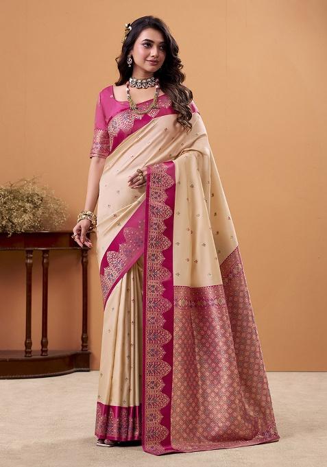 Beige Woven Silk Saree Set