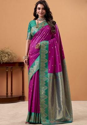 Purple Woven Silk Saree Set