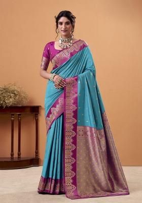Blue Woven Silk Saree Set