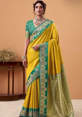 Yellow Woven Silk Saree Set