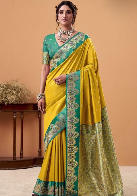 Yellow Woven Silk Saree Set
