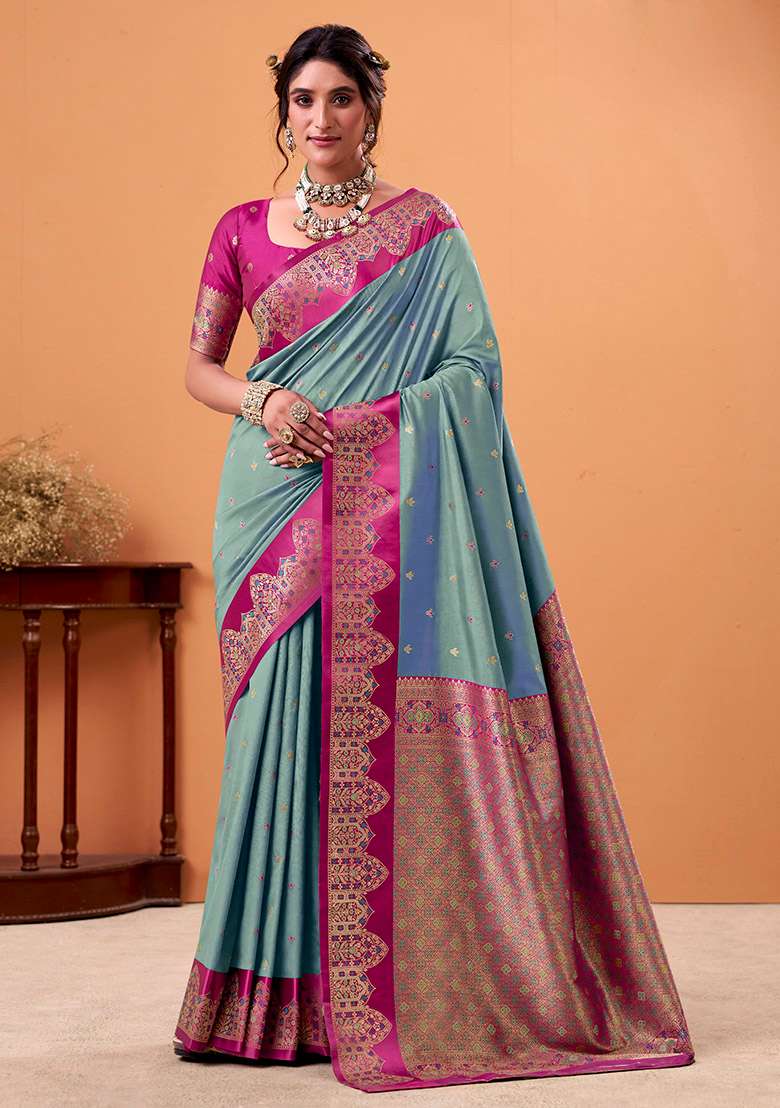Grey Woven Silk Blend Saree Set - Indya