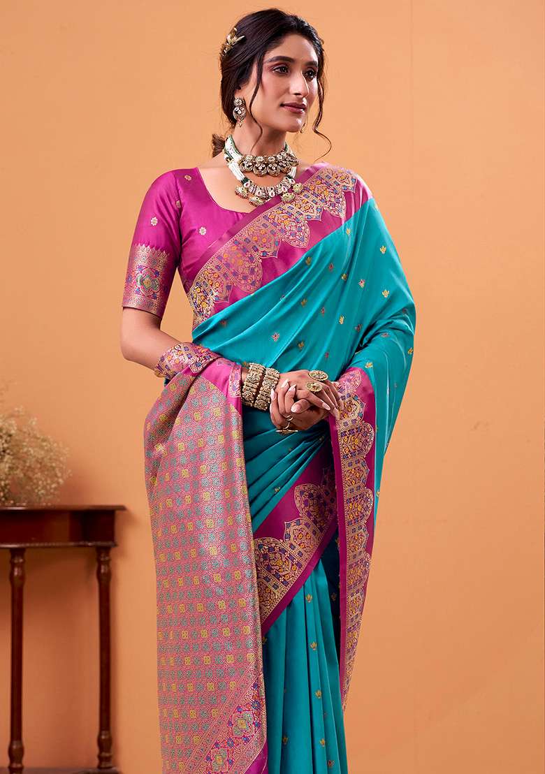 Grey Woven Silk Blend Saree Set - Indya