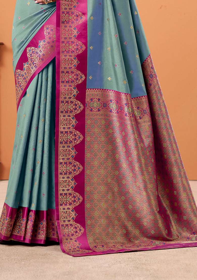 Grey Woven Silk Blend Saree Set - Indya
