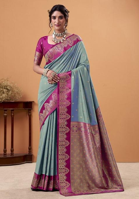 Grey Woven Silk Saree Set