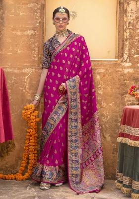Magenta Printed Silk Saree Set