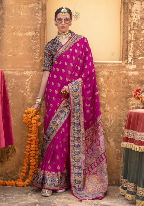 Magenta Printed Silk Saree Set