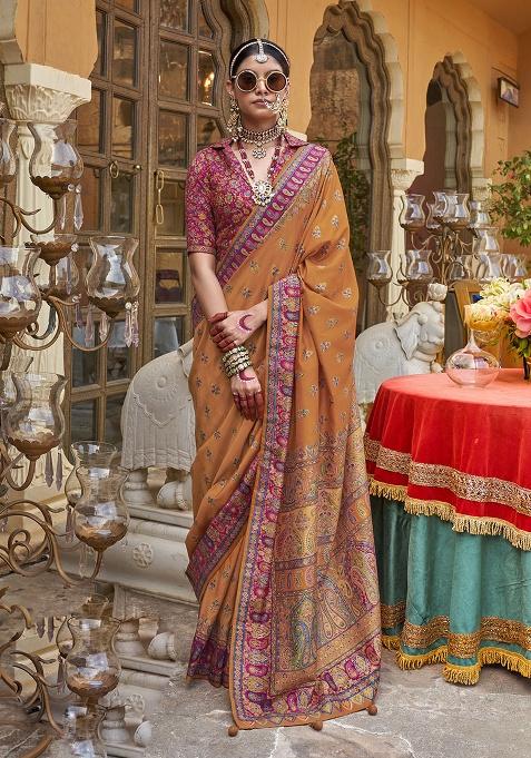 Mustard Printed Silk Saree Set