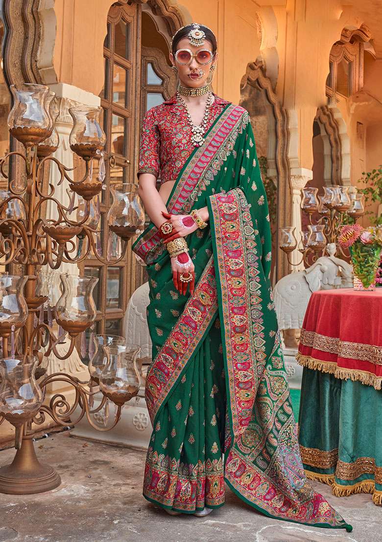Dark Green Printed Silk Blend Saree Set - Indya