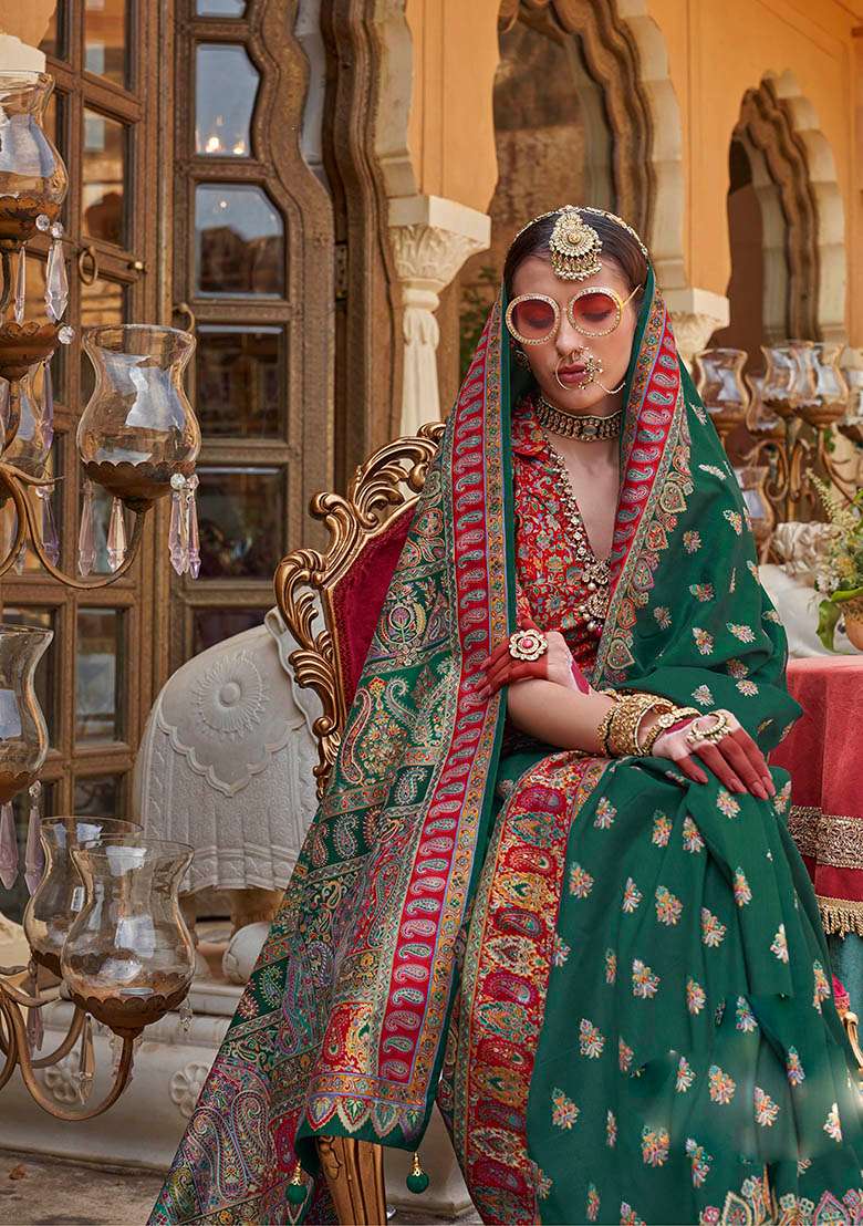 Dark Green Printed Silk Blend Saree Set - Indya