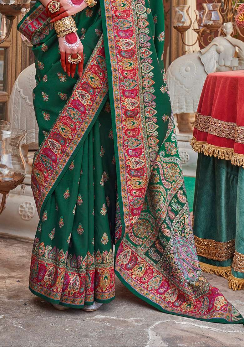 Dark Green Printed Silk Blend Saree Set - Indya