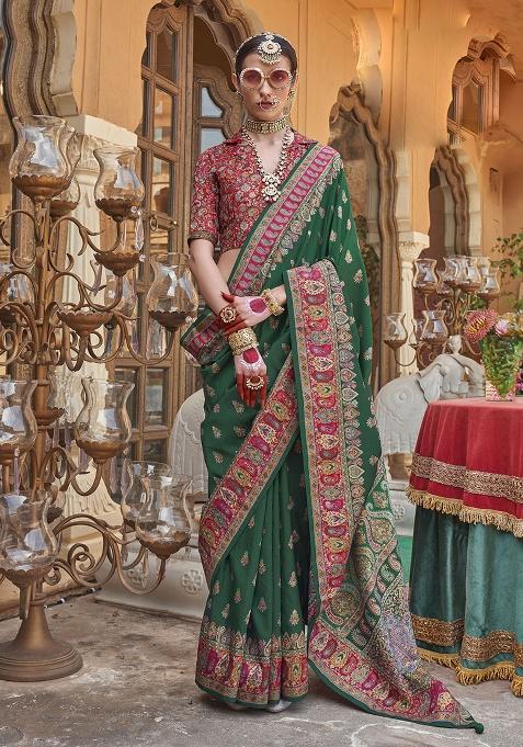 Dark Green Printed Silk Saree Set
