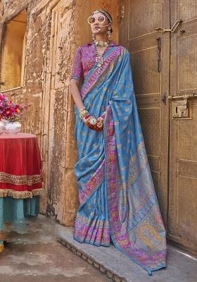 Blue Printed Silk Saree Set
