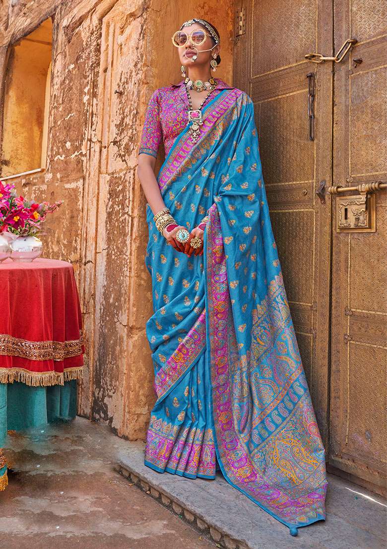Blue Printed Silk Blend Saree Set - Indya