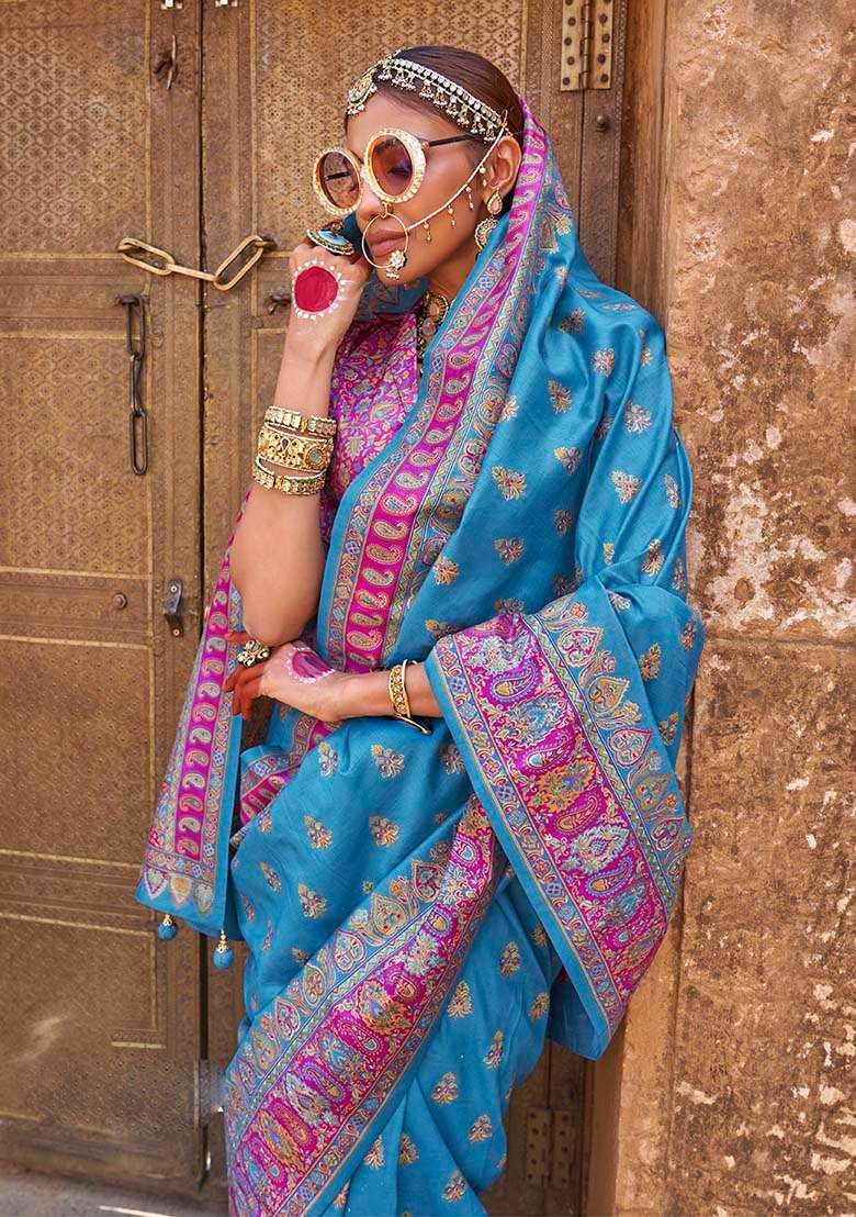 Blue Printed Silk Blend Saree Set - Indya