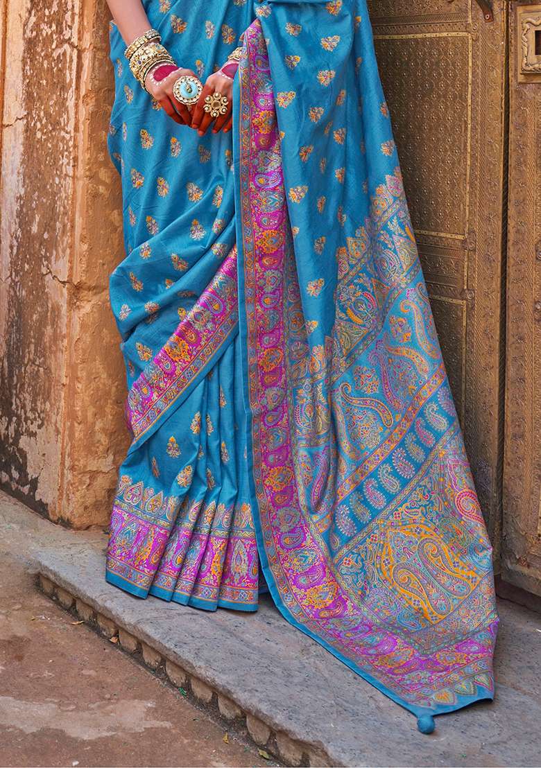 Blue Printed Silk Blend Saree Set - Indya