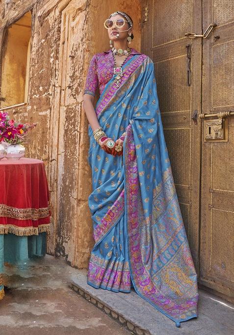 Blue Printed Silk Saree Set